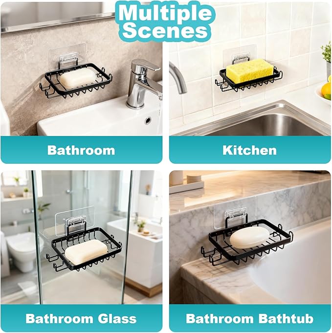 Stainless Steel Mate Black Soap Dish for Shower, Suction Cup Square Shower Soap Holder - Black Soap Saver - Comfortable Essential for Apartment, Home and Dormitory