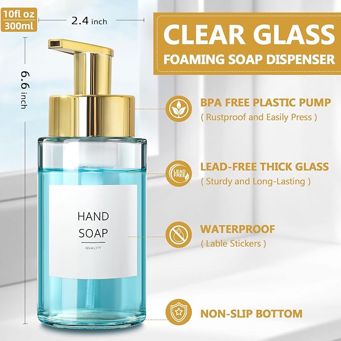 Foaming Soap Dispenser, 10 oz/300ml Gold Soap Dispenser, 2 Pack Glass Foaming Hand Dispenser for Bathroom & Kitchen, Clear Refillable Foam Bottle with Waterproof Labels