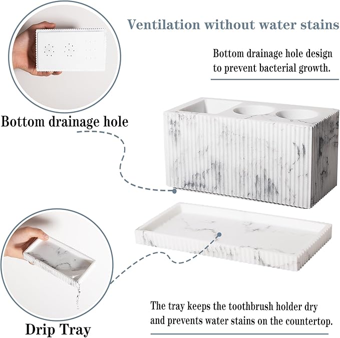 rejomiik Toothbrush Holders for Bathroom Countertop, 3 Slots Electric Tooth Brushing Storage Organizer Stand for Toiletries and Beauty Accessories, Toothpaste, Razor, Marble White