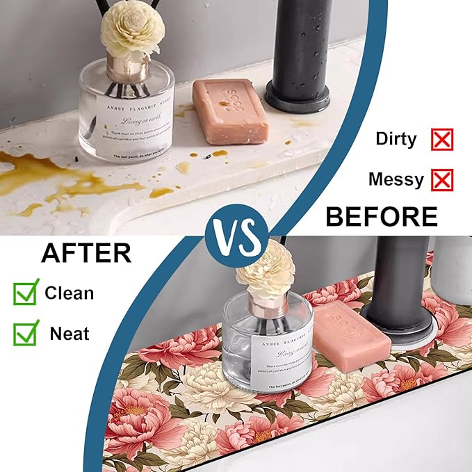 Beautiful Peony Sink Faucet Absorbing Mat Bright Peonies Super Absorbent Fast Drying Mat Sink Gadgets Behind Faucet Sinkmat for Kitchen Bathroom, 23.5"x5.5"