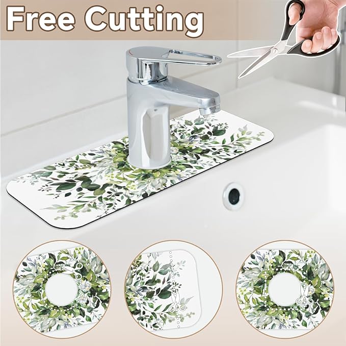 Sink Faucet Absorbing Mat, Spring ﻿Fresh Green Leaf Kitchen Faucet Mat, Sink Splash Guard, for Bathroom Kitchen Sink Splash Guard Drying Mat 15.4"x5.7"