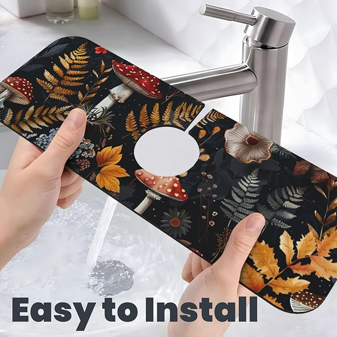 Faucet Draining Mat For Kitchen Sink, Mushrooms Ferns Wildflowers Diatom Mud Absorbent Drain Pad For Bathroom Kitchen Sink Splash Guard Drying Mat