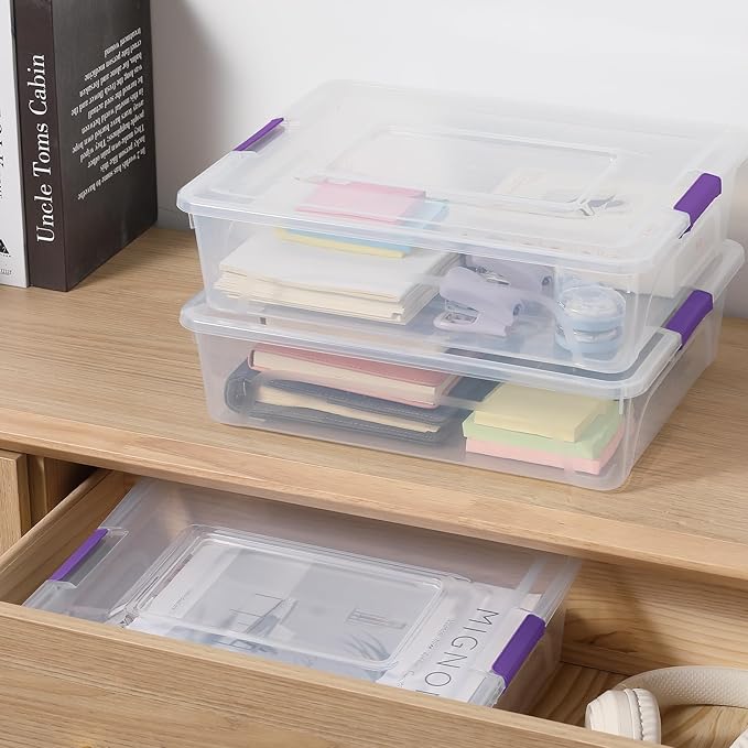 novelinks Clear Stackable Storage Bins with lid Storage Boxes Durable Plastic Organizer Containers for Home Office, Kitchen, Craft Supplies (10 Quart 4 Pack Purple)