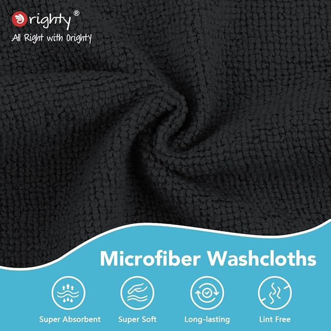 Orighty Washcloths Towels Set 10 Pack, Highly Absorbent and Soft Feel Microfiber Face Cloths, Multi-Purpose Wash Cloths & Hand Towels for Bathroom, Hotel, Spa, and Gym, 11.5x11.5 Inch, Black