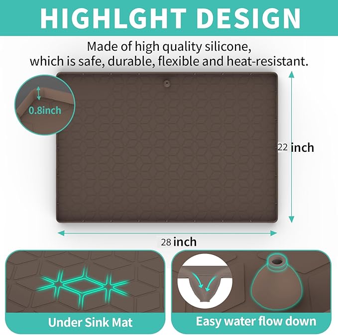 Under Sink Mat, 28"x22" Under Sink Mats for Kitchen, Silicone Waterproof Under Sink Liner, Sink Cabinet Organizer Tray with Drain Hole