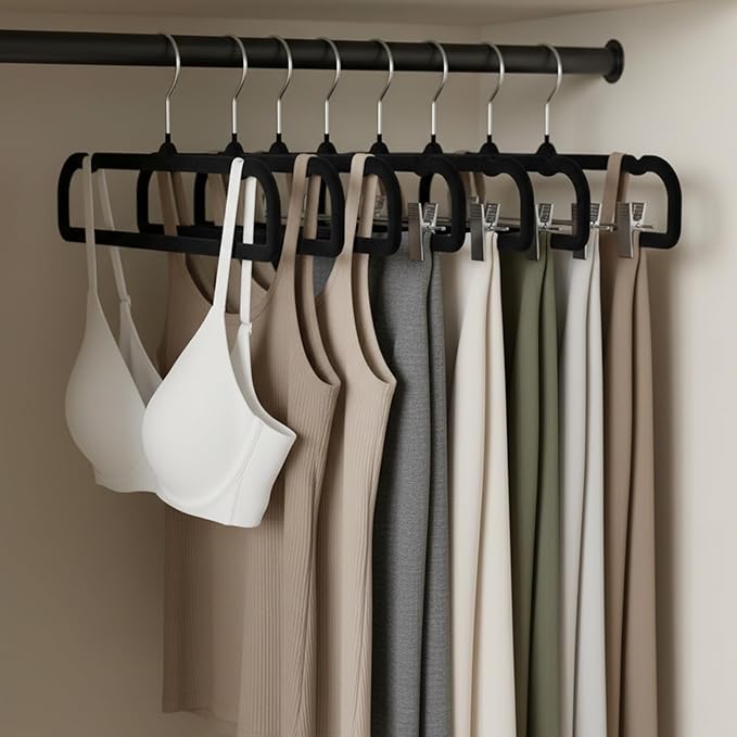 30 Pack Black Velvet Pants Hangers Non Slip, Space Saving Slim Clothes Hanger with 30 Hooks, Strong Durable Flocked Hanger with 360° Swivel Hook for Closet, Jeans, Shirts, Bras, Shorts