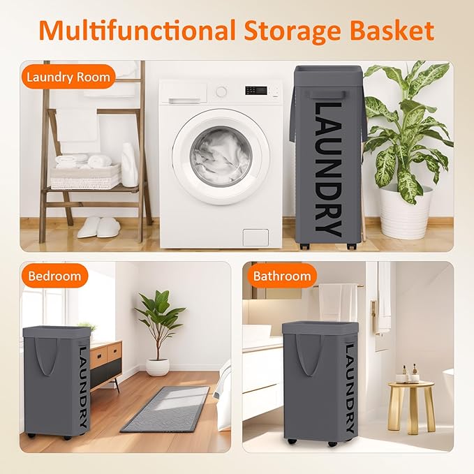 Laundry Basket with Wheels, 90L Rolling Laundry Hamper with Wheels, Large Clothes Hamper on Wheel with Removable Mesh Bag for Bedroom, Bathroom, Dorm, Grey