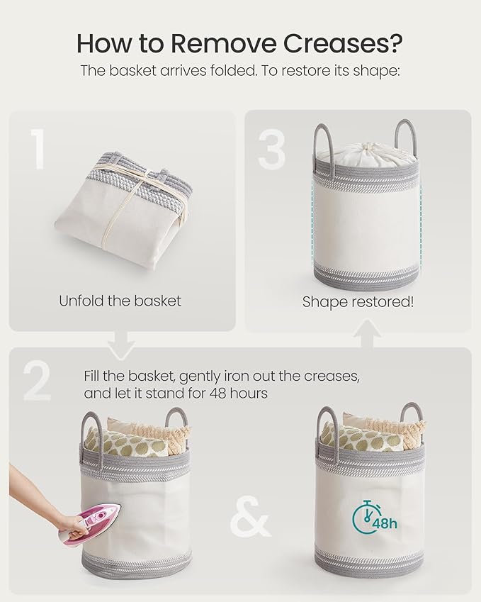 SONGMICS Laundry Hamper, Cotton Rope Laundry Basket with Handles, for Clothing, Living Room, Bedroom, 15.8 Gallons, 16.1 x 16.1 x 18.1 Inches, Cloud White and Dove Gray URLH060G01