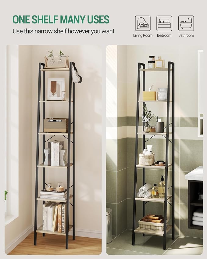 Ladder Shelf, Bookshelf Bookcase, Freestanding Corner Storage Shelve with 2 Hooks for Home Office, Living Room, Kitchen, Bedroom, Industrial, 11.8" D x 13.4" W x 72.8" H, Greige BC13305B