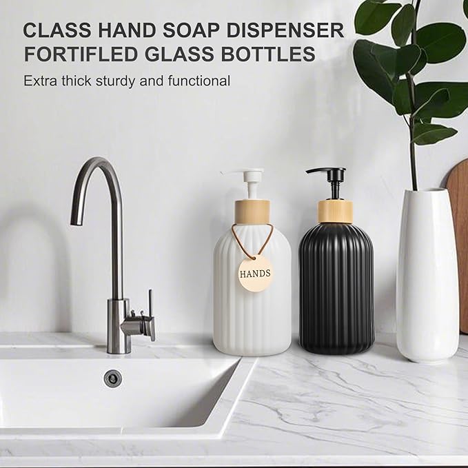 2 Pack ViserVita Glass Hand Soap Dispenser Set with Bamboo Pump, Elegant Refillable Liquid Dish Soap Dispenser, Perfect for Kitchen Sink and Bathroom Decor