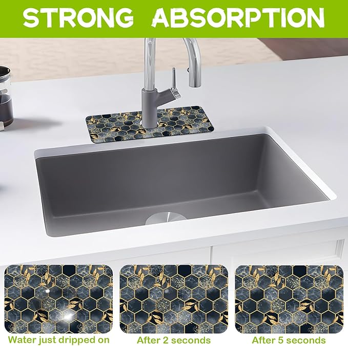 Kitchen Sink Splash Hexagon Marble and Golden Leaves Guard Faucet Mat Super Absorbent Fast Drying Mat Guard Behind Faucet Drip Catcher for Kitchen Bathroom, 15.5"X5.5"