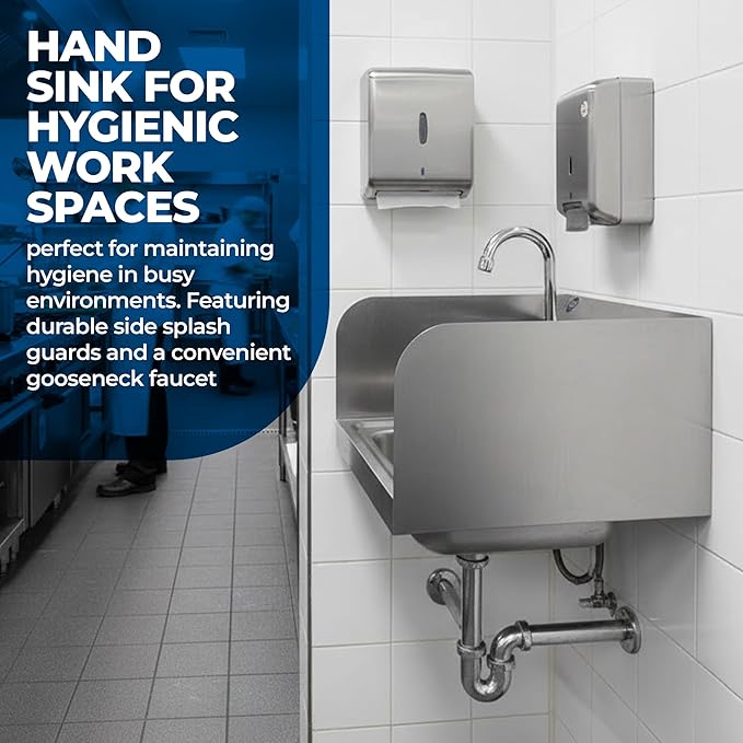 Stainless Steel Wall Mount Hand Basin with Gooseneck and Side Splash Guard. (16" x 12" Side Splash) Deep x long