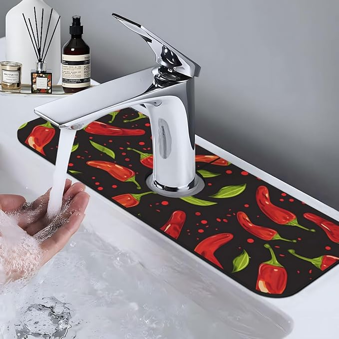 Faucet Draining Mat For Kitchen Sink, Red Chili Pepper Diatom Mud Absorbent Drain Pad For Bathroom Kitchen Sink Splash Guard Drying Mat