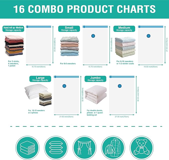 Cozy Essential 16 Pack Vacuum Storage Bags, Space Saver Bags (2J/2L/3M/3S/6Roll) Compression Storage Bags for Comforters and Blankets, Pillow, Bedding, Vacuum Sealer Bags for Clothes Storage