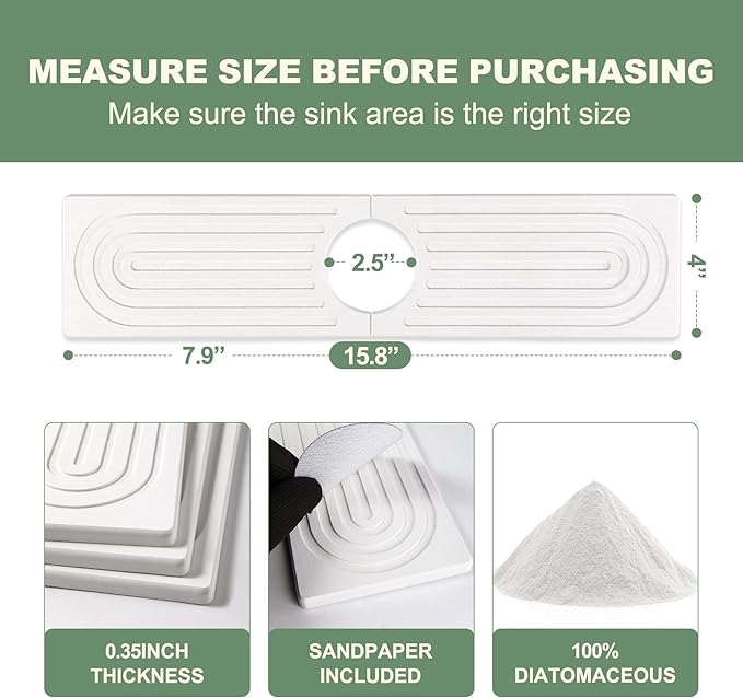 Meiliweser Faucet Mat for Kitchen Sink, Diatomite Quick Drying Stone Mat & Sink Protector, 15.8" x 4" Kitchen Sink Splash Guard, Absorbing Stone Tray for Bathroom Counter (White)