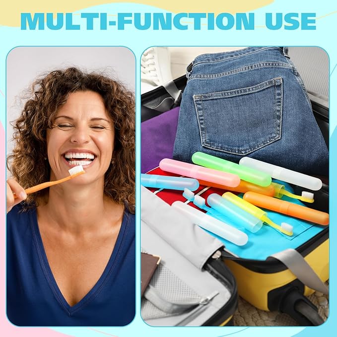 LemonRoad 40 Pcs Travel Toothbrush Holder Sets 20 Disposable Toothbrush Individually Wrapped 20 Portable Tooth Brush Case Covers with Ventilation Holes for Travel, Home, Camping, Hotel(Candy)