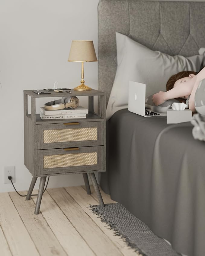 Veegle Rattan Nightstand with Charging Station,Modern Bedside Table with 2 Storage Drawer and Open Wood Shelf, for Bedroom and Small Spaces,Night Stand with Solid Wood Legs (Grey Oak)