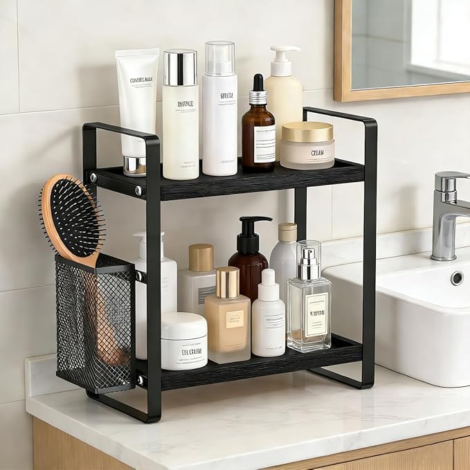 2-Tier Kitchen Storage and Organisation Rack with Side Baskets, Multifunctional Spice Rack Coffee Station Organizer for Kitchen, Coffee Bar, Bathroom, Office