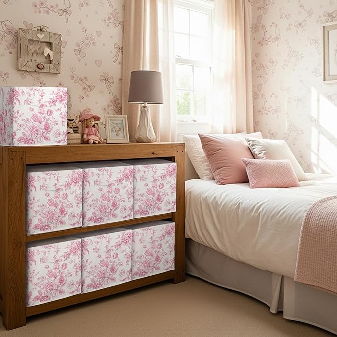 Geelin 6 Pcs Pink Floral Cube Storage Bins 11 Inch Pink Flower Storage Basket with Handle, Preppy Girls Organizer Basket, Collapsible Fabric Box for Classroom Bedrooms Office Home Decoration Gift