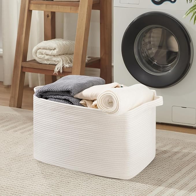 95L Extra Large Blanket Basket, 24" x 16.9" x 14.2" Woven Storage Basket for Living Room, Rectangle Nursery Blanket Storage for Toys, Towels, Dirty Clothes (White)