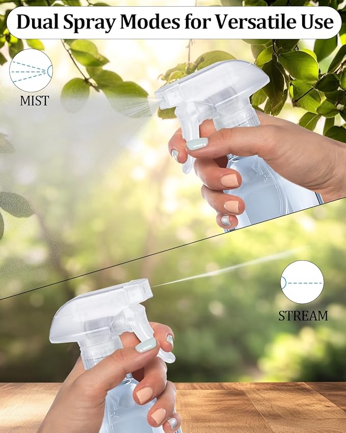 2 Pack 360° Spray Bottles, 16 oz Plastic Small Containers with Adjustable Spray Nozzles, Spray Bottles for Hair, Cleaning Solutions, BBQ and Plants Clear