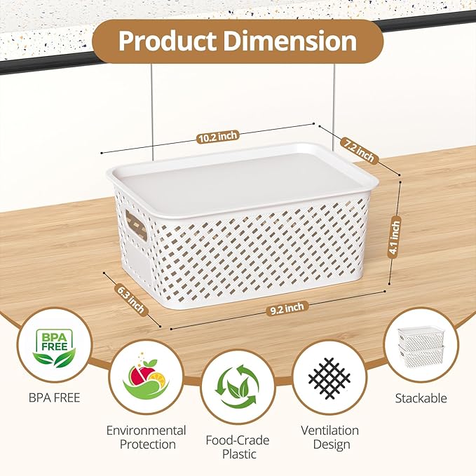 Plastic Storage Bins with Lid, Stackable Small Box Basket for Organizing and Containers for Shelves Drawers Desktop Closet Playroom Pantry Classroom Office Home, 8-pack 10.2x7.2x4.1 Inch, White