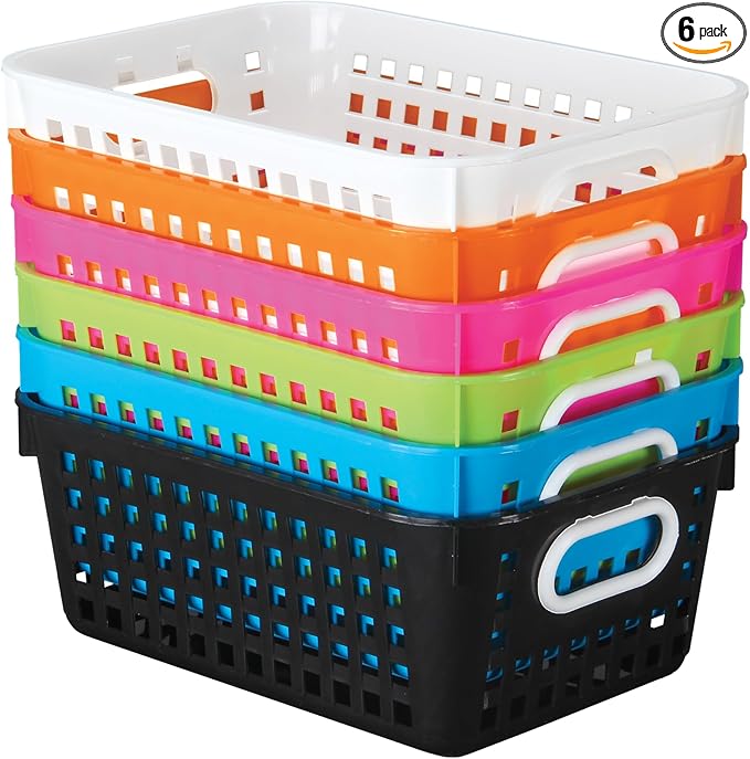 Really Good Stuff Neon Pop 6-Pack Medium Book Baskets - Durable Plastic Paper Storage Bins with Handles for Classroom Library - Storage for Classroom Organization - Vibrant Neon Colors