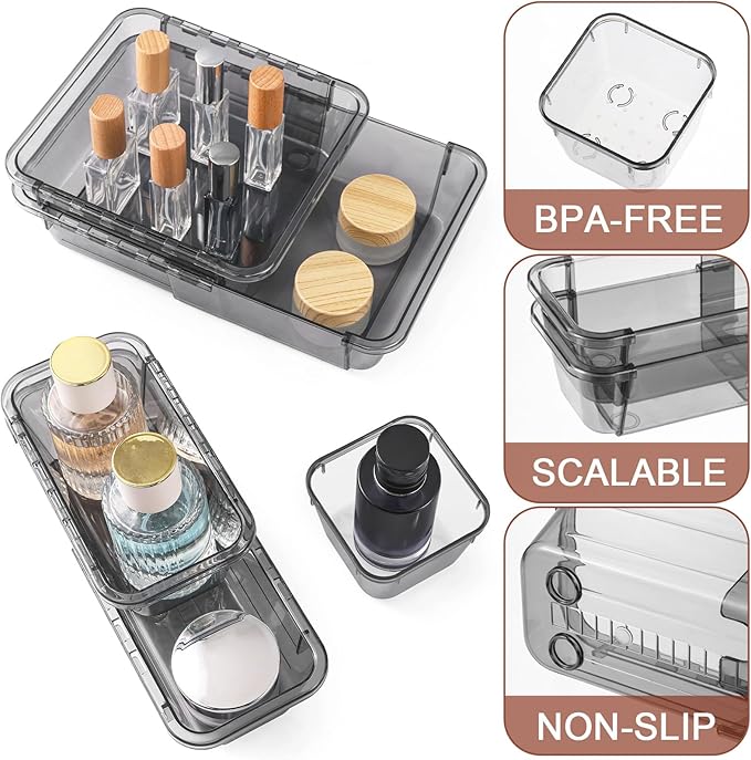 20 Pcs Clear Drawer Organizer, Adjustable Drawer Storage Box, 3-Size Desk Drawer Organizer, Acrylic Storage Bins for Makeup, Kitchen Utensils, Bedroom Dressers Tool Organizer for Gadgets, Black