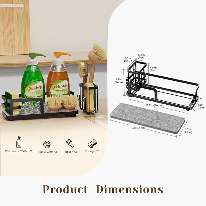 Kitchen Sink Caddy Organizer for Instant Dry, Rustproof Sponge Holder & Dish Soap Tray with Diatomaceous Earth, Countertop Brush Storage,10.2" X 4.7" X 4.1",Black