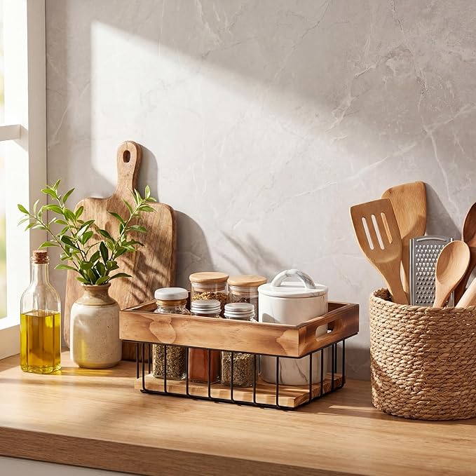 4 Pack Metal Wire Storage Basket, Multiple Sizes Basket with Handles Wooden Top and Bottom Containers Organizer Rustic Farmhouse Decor for Kitchen Cabinets, Bathroom, Pantry, Laundry Room