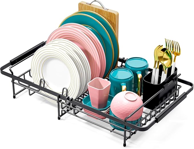 Expandable in Sink Dish Drying Rack - Adjustable Dish Rack Over Sink, Rustproof Dish Drainer for Kitchen Counter, Dish Strainer with Utensil Holder, Fit Kitchen for 13"-18"