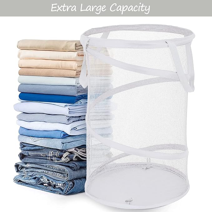 BATTOO 2 Pack Large Collapsible Laundry Basket Foldable Mesh Pop Up Hamper with Handles for Laundry Room, Bathroom, Kids Room, College Dorm, Travel, Storage Organizer Black+White