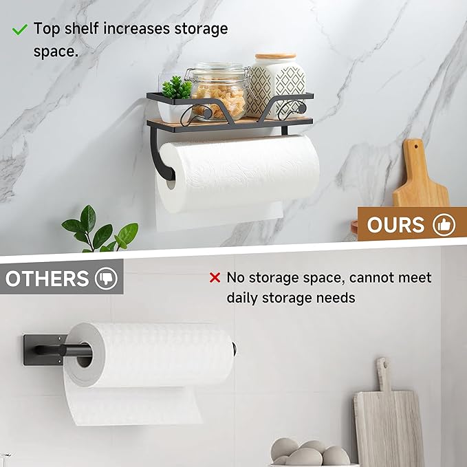 Farmhouse Paper Towel Holder with Emj Funny Memes Kitchen Organizer Shelf, Rustic Brown Wall Mount/Adhesive Hand Towel Roll Shelf & Spice Rack for Kitchen, Bathroom RV, Apartment