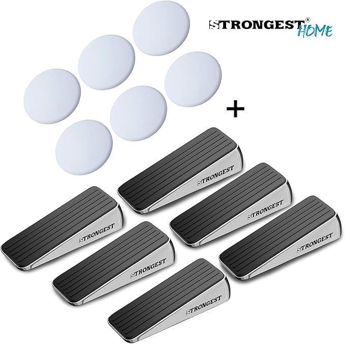 Strongest Home Heavy Duty Door Stopper Wedge (6 Chrome PCs) | Non-Slip Rubber and Metal Door Stop for Heavy Doors| Work on Wood, Tile, Carpet + 6 White Wall Protectors