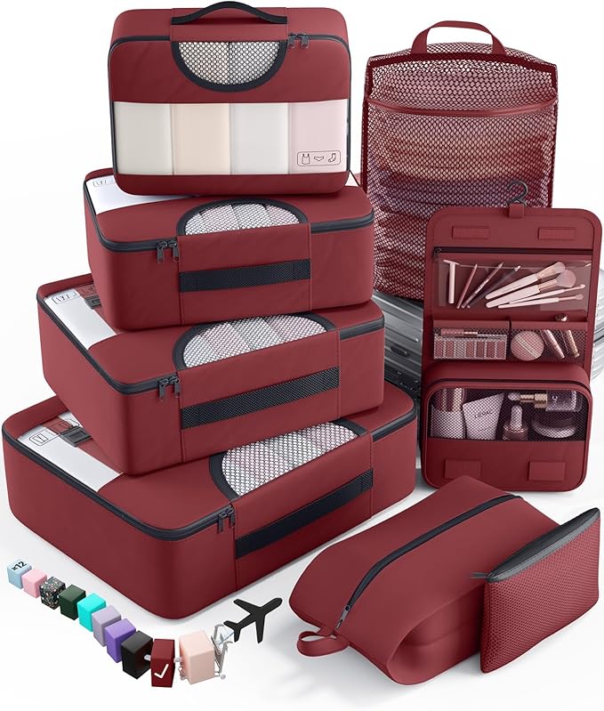 Veken 8 Set Packing Cubes for Travel Essentials, Christmas Gifts, Suitcase Organizer Bags in 4 Sizes, Carry-On Luggage Accessories with Large Laundry & Hanging Toiletry Bag, Must-Have for Airplane