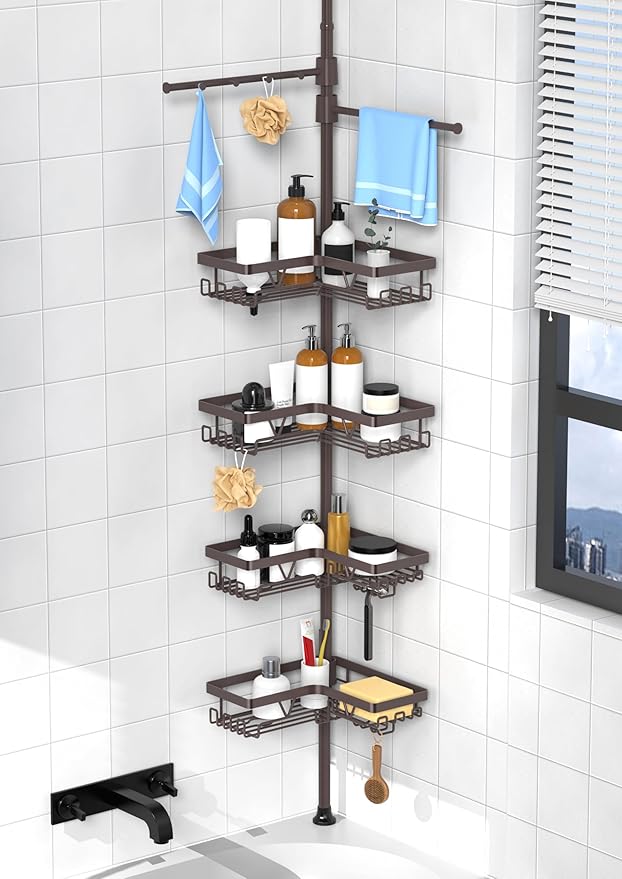 KEGII Shower Caddy Tension Pole with 2 Towel Bars, Adjustable Corner Bathroom Organizer, Rustproof Bathtub Storage Shelves for Shampoo, 25–114.2 Inch Shower Corner Rack for Renters & Family, Bronze