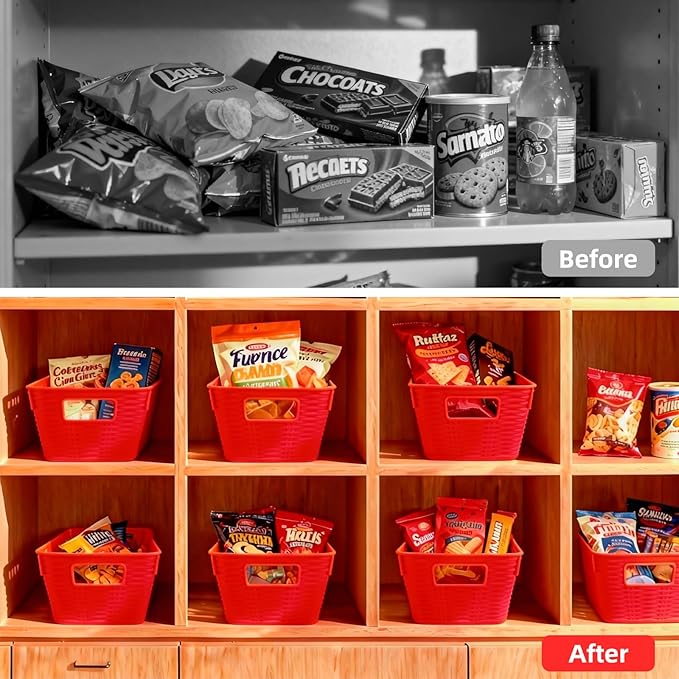 12-Pack Plastic Storage Baskets, Stackable & Nestable Organizer Bins for Toys, Clothes, Home (Red - Rectangular)