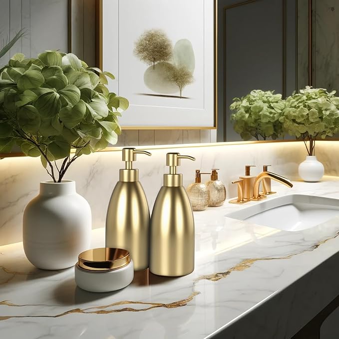 304 Stainless Steel Soap Dispenser 16oz Rust-Proof Liquid Soap Pump Bottle for Kitchen or Bathroom Countertop Hand Dish Lotion Leak-Proof (Matte Gold)