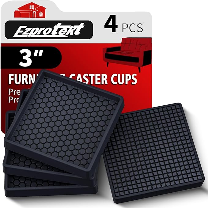 Ezprotekt Non Slip Furniture Pads, 4 Pcs 3" Anti Skid Rubber Furniture Caster Cups, Anti-Slip Furniture Coasters for Hardwood Floors, Anti Slide Floor Protectors for Bed Couch Stoppers (Black)