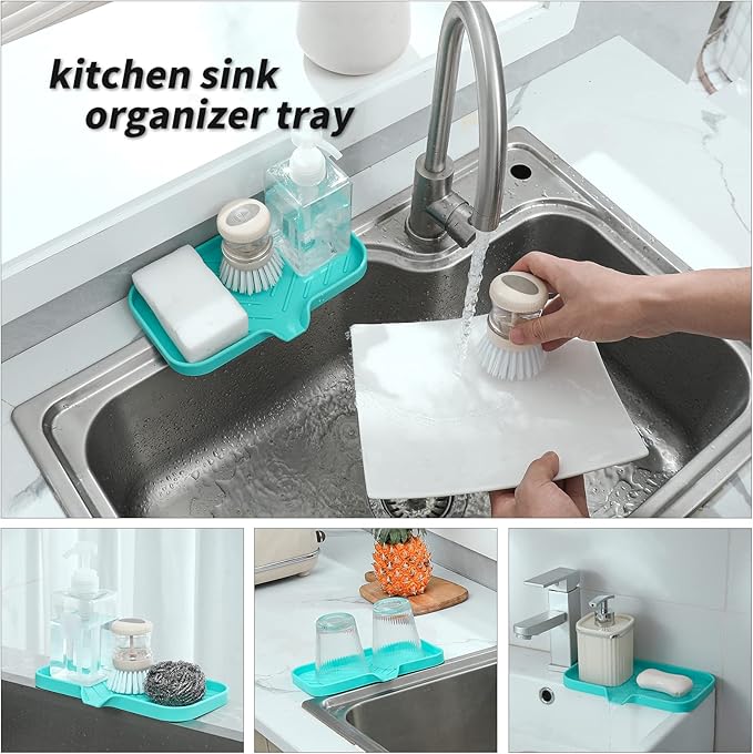 MicoYang Silicone Bathroom Soap Dishes with Drain Spout-Bathroom and Kitchen Sink Organizer,Sponge Holder,Dish Soap Tray,Perfect for Dispenser,Scrubber,Bottle,Cup on Sink or Counter-Mint 9.6"×5.3"