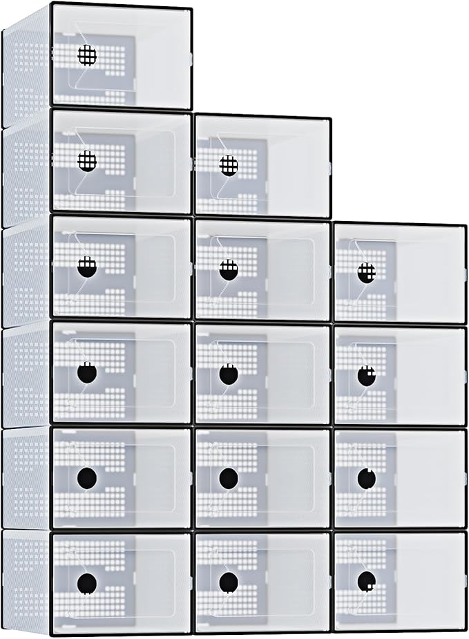 DUMOS Clear Shoe Storage Boxes, 15-Pack Plastic Stackable Shoe Containers with Lids, Display Sneaker Case Organizer for Closet, Under Bed, Entryway,Black (Fit Size 11)