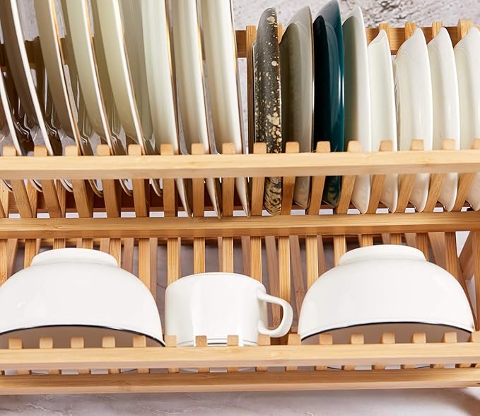 Bamboo Dish Drying Rack with Utensil Holder, Collapsible Wooden Dish Drainer Rack, 3-Tier Large Folding Drying Holder for Kitchen Counter 51 pcs Grid