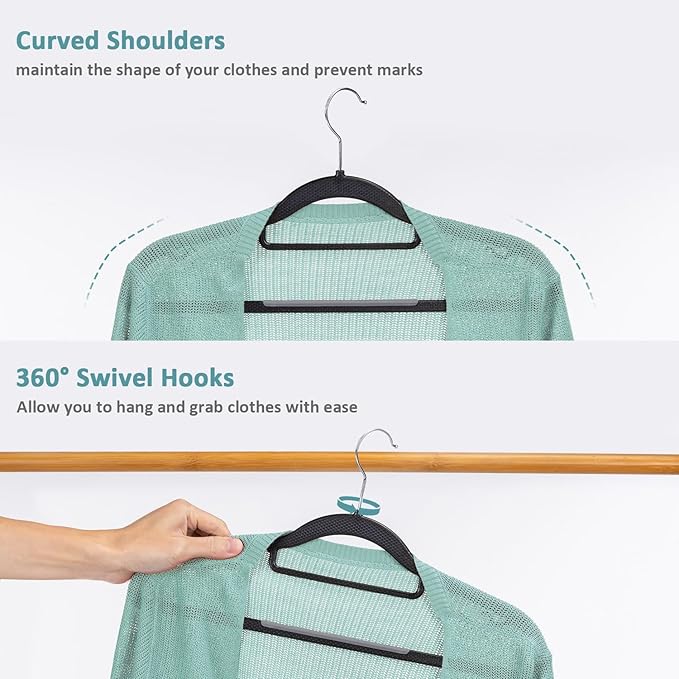 LMTrystFit 30-Pack Plastic Clothes Hangers, Space Saver, Non Slip, 360° Swivel Hook, 0.2 Inches Slim, Sturdy Heavy Duty Coat Hangers, Durable Hangers for Suits, Black and Dark Gray