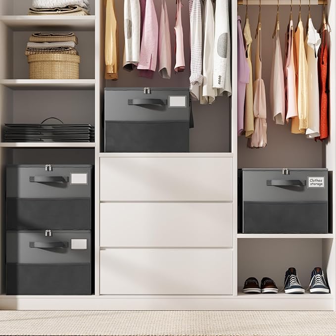 2 Pack Shoe Organizer for Closet, Large Shoe Box Storage Containers, Foldable Shoe Storage Organizer Box Bin with Adjustable Dividers and Clear Cover, Space Saving Shoes Holder, Gray