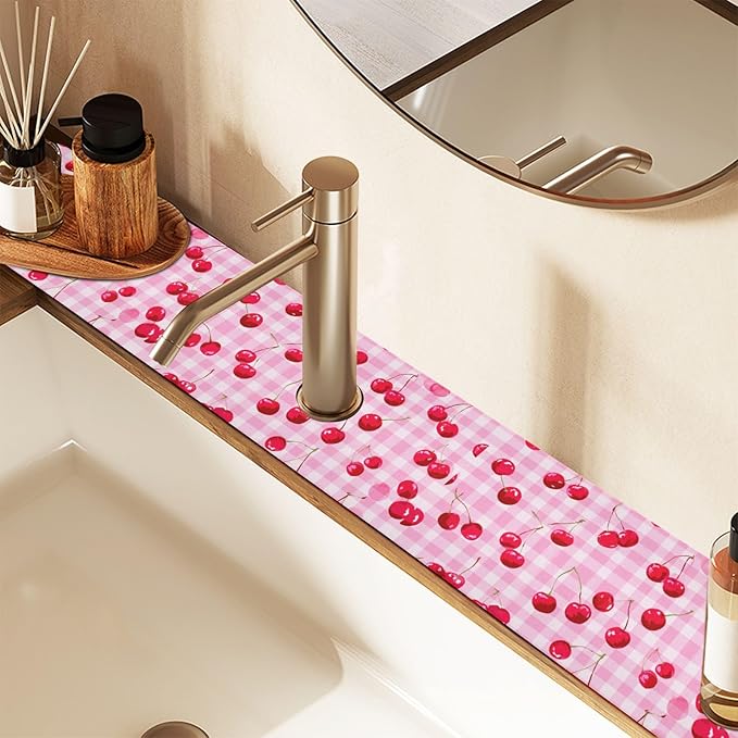 Pink Juicy Checkered Cherry Pink Gingham Kitchen Sink Splash Guard Sink Faucet Mat Faucet Handle Drip Catcher Drain Mats for Kitchen Bathroom Countertop Absorbent Dis