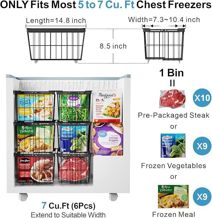 iSPECLE Freezer Organizer Bins - 3 Pack with Freezer Inventory List Board, Adjustable Width for 5 to 7 Cu.Ft Chest Freezers, Stackable Deep Freezer Bins, Assembly Required, Black