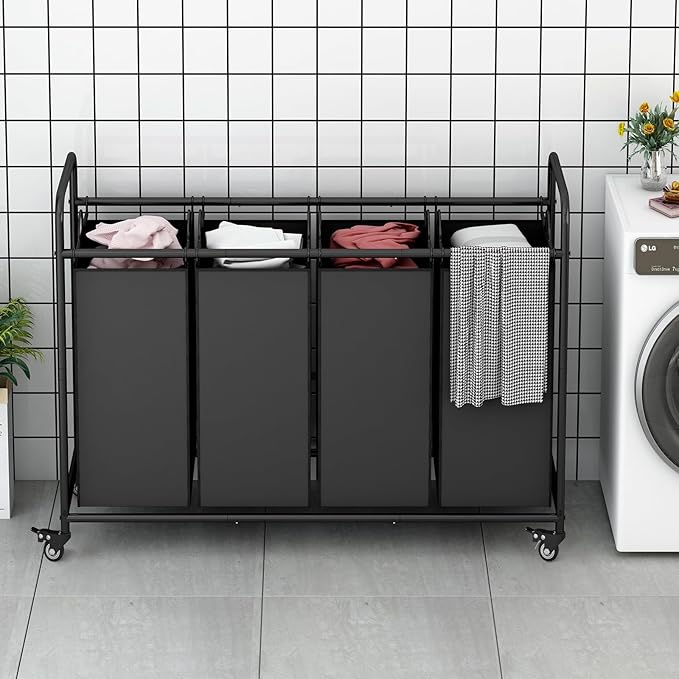 Laundry Sorter 4 Section Hamper Sorter with Heavy Duty Lockable Rolling Wheels Removable Bags Basket Separator for Dirty Clothes Storage,Black