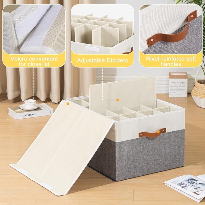 Shoe Storage Box for Closet Fits 16 Pairs, Large Shoe Organizer Box Bin Containers with Lid and Adjustable Dividers for Sandals, High Heels, Sneakers (Grey and White)