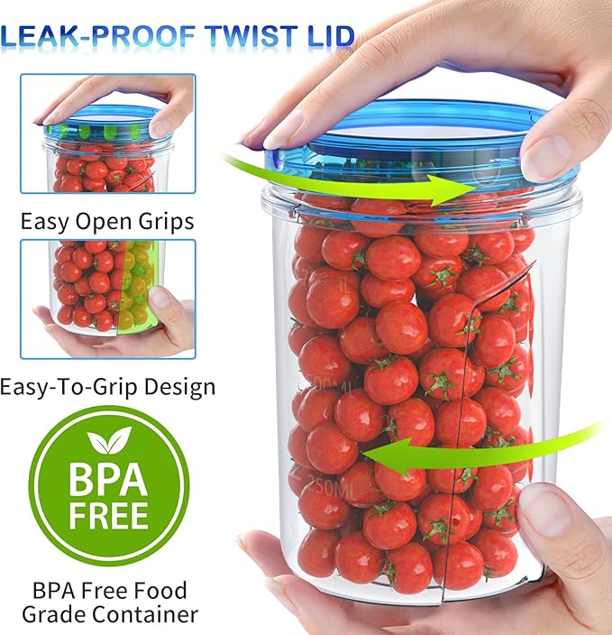[32 oz 10 Pack] Food Storage Freezer Containers Clear Bottom with Blue Twist Top Lids Reusable, Plastic Airtight Meal Prep Containers BPA Free | Stackable | Leakproof | Microwave/Dishwasher Safe