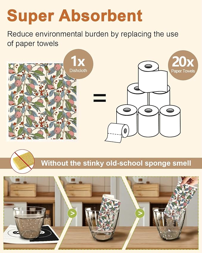 Kitchen Swedish Dishcloths with Hooks - 6 Pack Reusable Dish Cloths for Washing Dishes Fast Drying Cute Fun Swedish Dish Towels Washable Cleaning Sponge, Trees Fruits